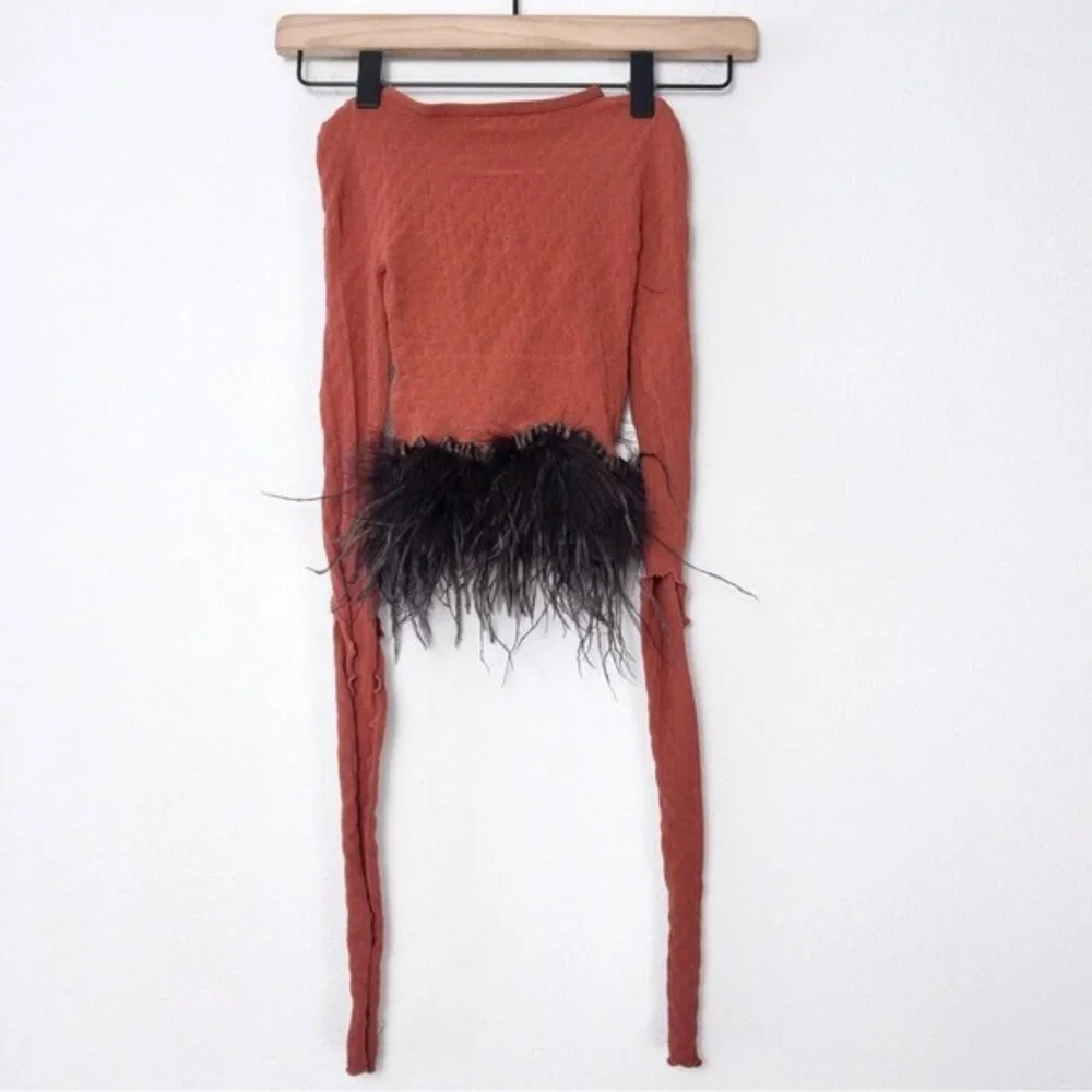 Poster Girl Mira Cutout Top OS Burnt Henna Chocolate Brown Ostrich Feathers Crop